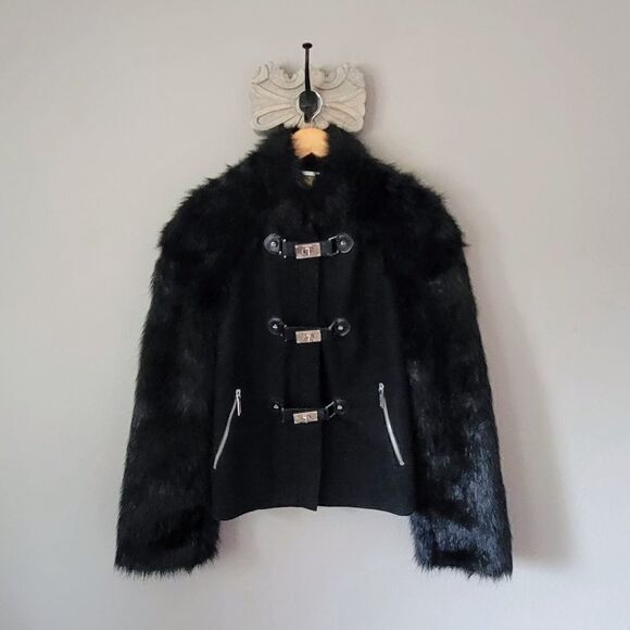 Michael Kors Yeti Faux Rabbit Fur Sleeve & Wool Moto Turnlock Jacket in Black - Picture 1 of 16